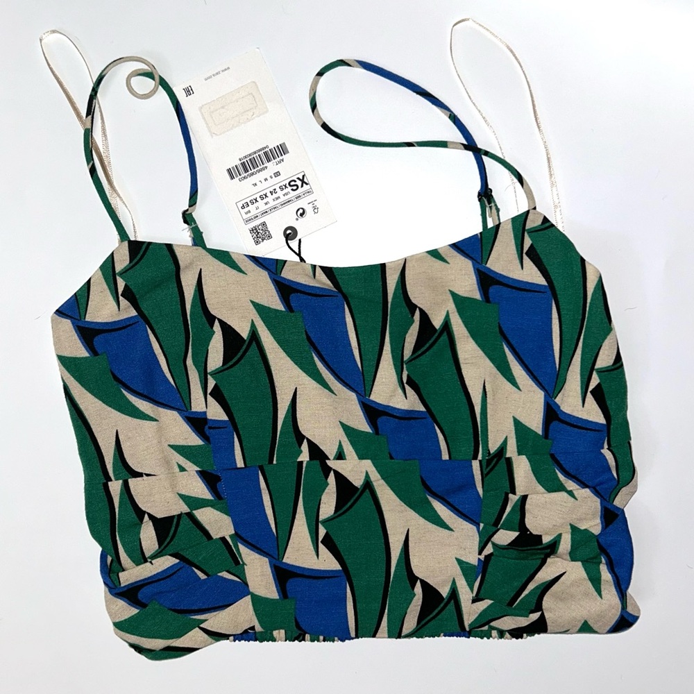 NWT Zara Blue Green Geometric Print Summer Crop Top - Size XS